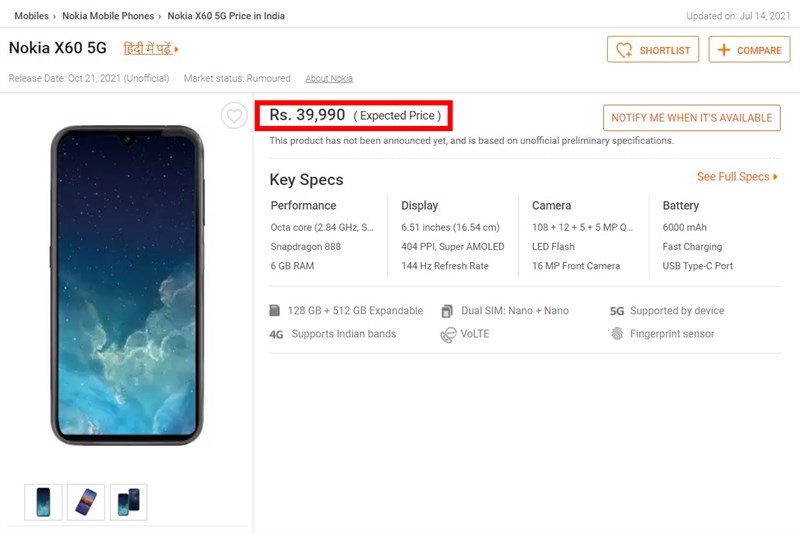 Nokia X60 có mức giá được kỳ vọng ở thị trường Ấn Độ rơi vào khoảng 12.3 triệu