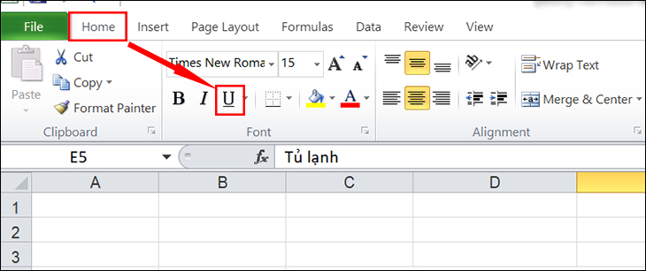 Cách gạch ngang chữ trong Excel đơn giản, ai cũng làm được > Nhấn vào nút biểu tượng chữ U gạch chân