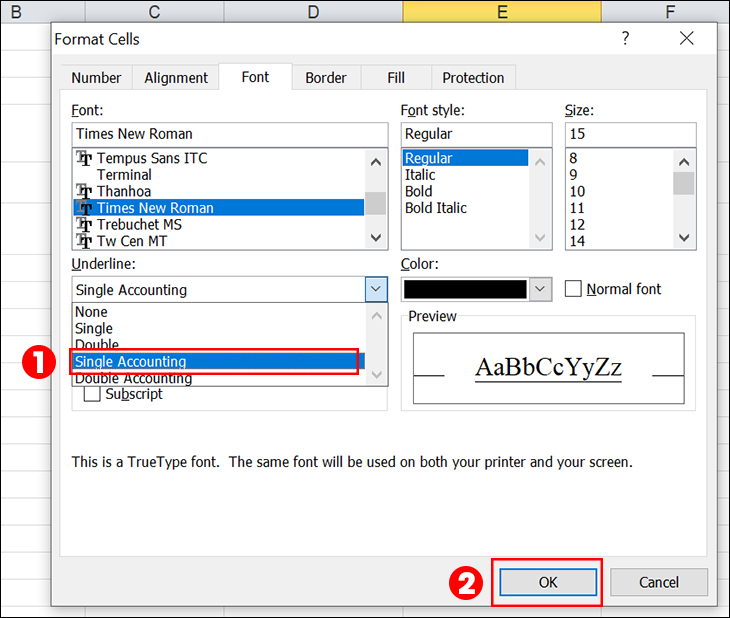 Cách gạch ngang chữ trong Excel đơn giản, ai cũng làm được > Lựa chọn định dạng gạch chân