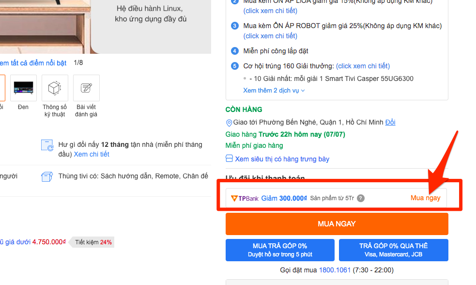 Click vào sản phẩm, nhấn nút MUA NGAY trong mục TPbank giảm 300.000₫ Sản phẩm từ 5Tr.