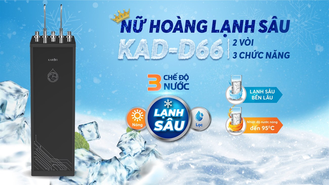 5 lý do chọn mua Máy lọc nước Karofi KAD-D66 > Máy lọc nước Karofi KAD-D66 giúp người dùng uống trực tiếp có 2 vòi với 3 chức năng nóng - nguội - lạnh tiện lợi