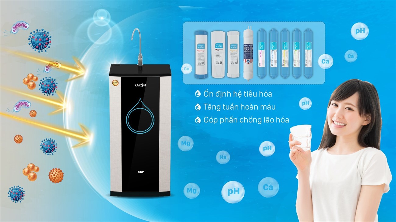 Máy lọc nước RO nước mặn, nước lợ Karofi KBW-100 10 lõi giúp tăng cường bổ sung Hydrogen hỗ trợ chống lão hóa