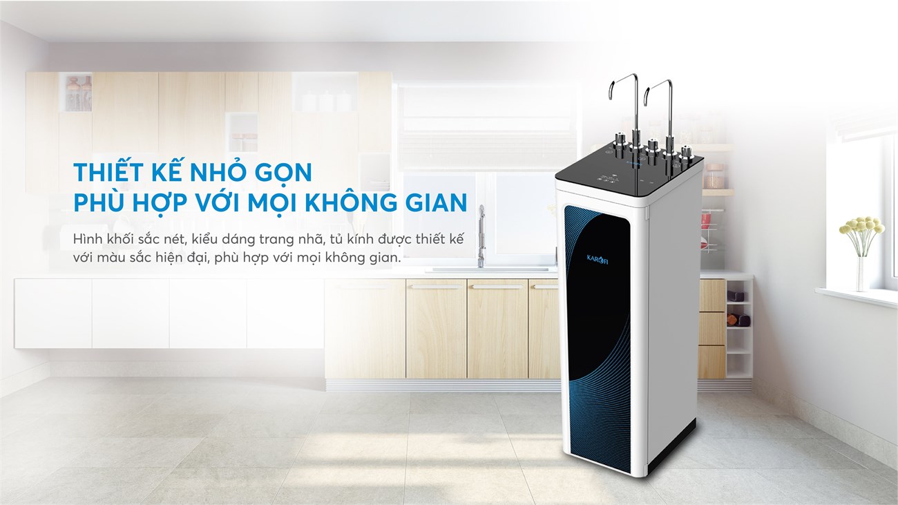 Máy lọc nước nóng lạnh Karofi có thiết kế nhỏ gọn, tinh tế, phù hợp không gian gia đình Việt