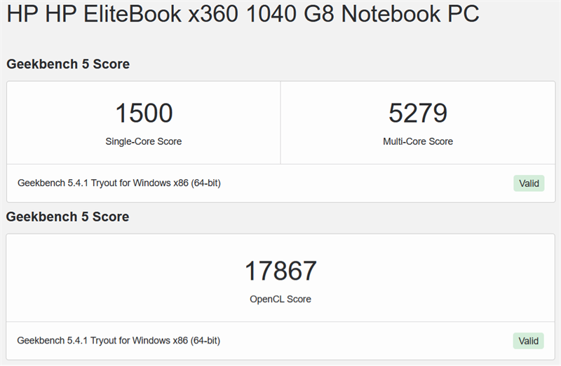 Điểm GeekBench 5 của HP EliteBook X360 1040 G8.