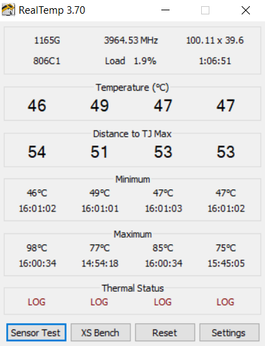 Đo nhiệt độ CPU của HP EliteBook X360 1040 G8 thông qua phần mềm RealTemp.