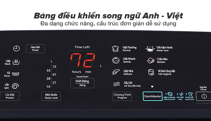 Bảng điều khiển song ngữ Anh - Việt đa dạng chức năng và chế độ giặt