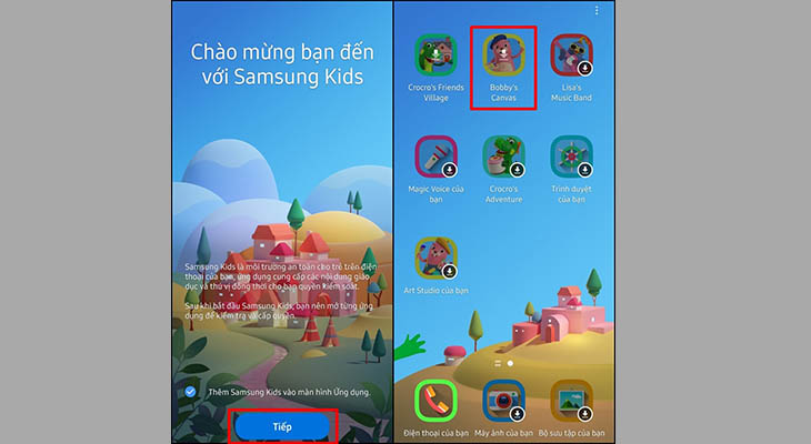 Bước 3: Màn hình giao diện chính của Kids Mode hiển thị. Chọn Tiếp. Chọn dấu mũi tên trên ứng dụng để tải về những ứng dụng cần thiết.