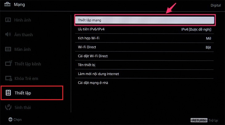 Hướng dẫn cách kết nối tivi Sony BRAVIA với mạng có dây và không dây > Chọn Set up network connection (Thiết lập kết nối mạng) hoặc Wireless Setup