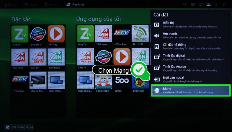 Hướng dẫn cách kết nối tivi Sony BRAVIA với mạng có dây và không dây > Chọn Network & Internet (Mạng & Internet) 