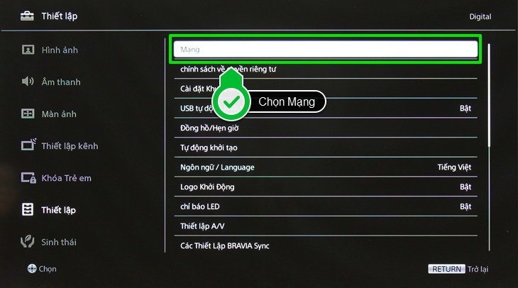 Hướng dẫn cách kết nối tivi Sony BRAVIA với mạng có dây và không dây > Network & Internet 