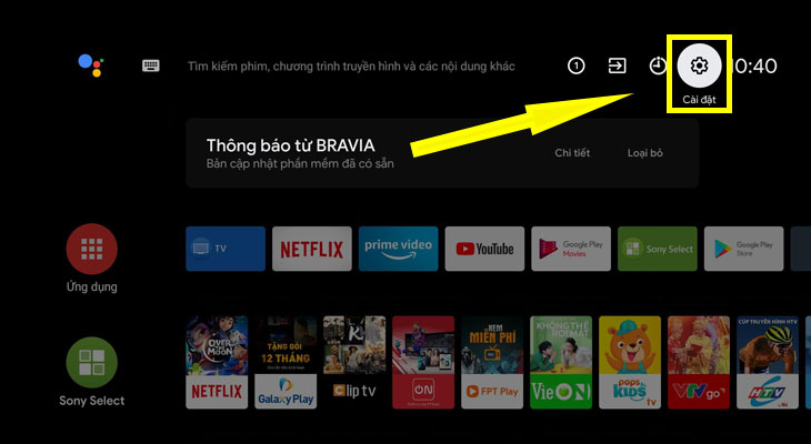 Hướng dẫn cách kết nối tivi Sony BRAVIA với mạng có dây và không dây > Chọn Settings (Cài đặt) trên tivi Sony