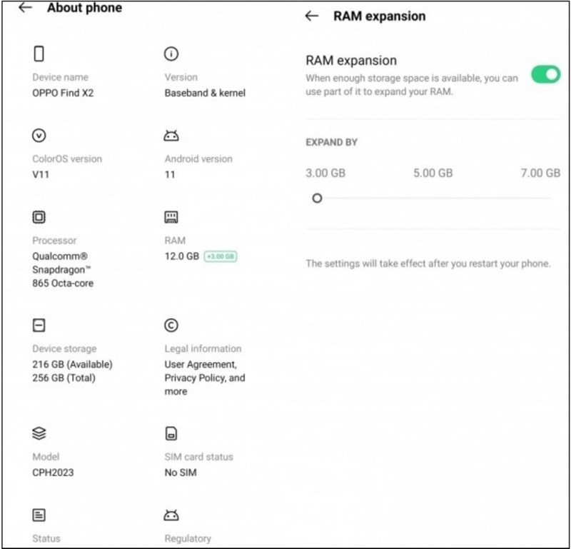 Sau khi cập nhật phiên bản mới, OPPO Find X2 đã có tính năng mở rộng RAM