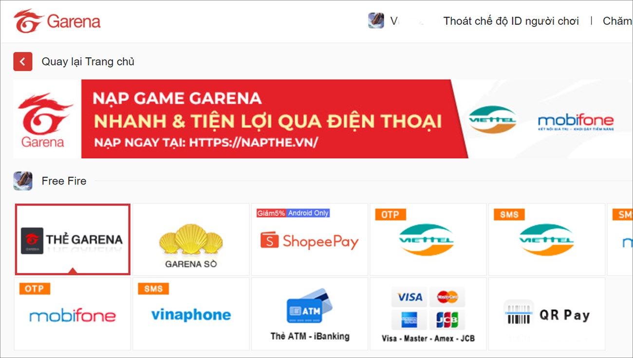 Choose payment method Garena Thẻ Card