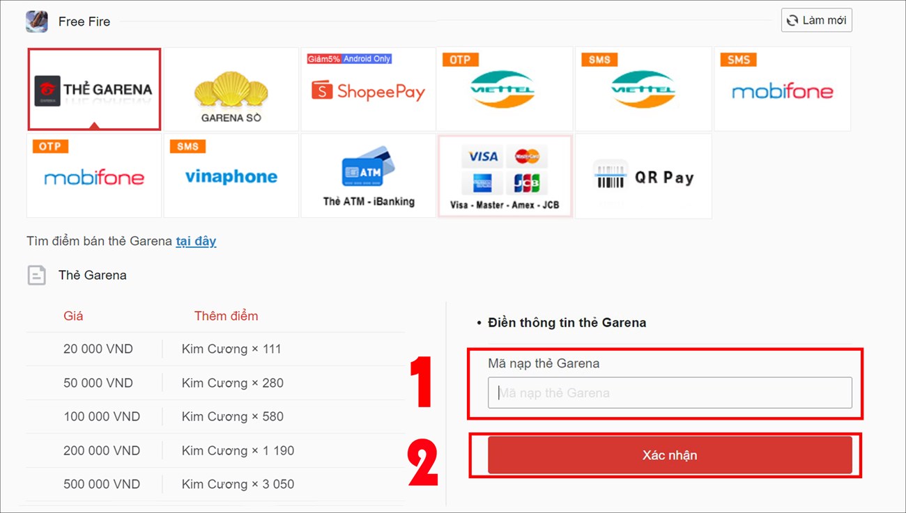 Enter correctly Garena Card Topup Code > Confirm