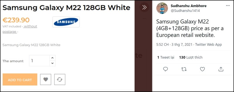 Leaker Sudhanshu Ambhore chia sẻ thông tin rò rỉ về giá bán của Galaxy M22 trên Twitter