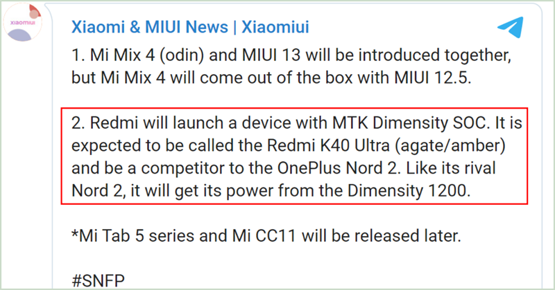 Kênh Xiaomiui Telegram tiết lộ thông tin về Redmi K40 Ultra