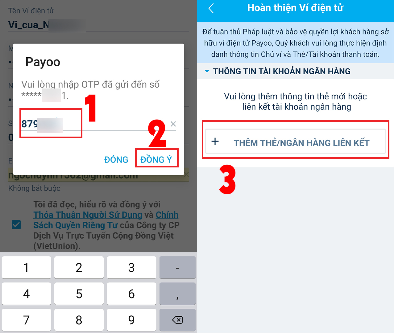 Nhập mã OTP và liên kết ngân hàng