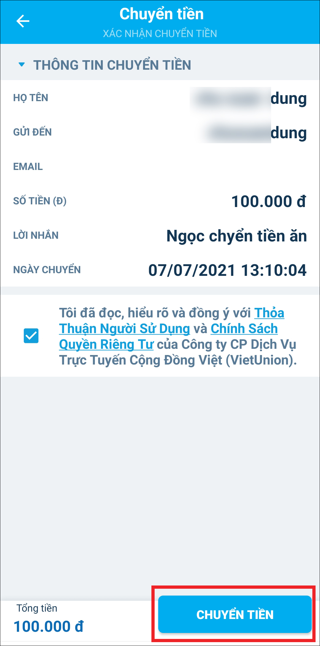 Kiểm tra thông tin chuyển tiền và xác nhận