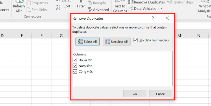 hộp thoại Remove Duplicates
