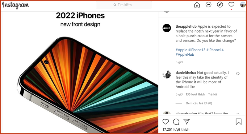 Tài khoản Instagram Theapplehub chia sẻ ảnh render iPhone 2022