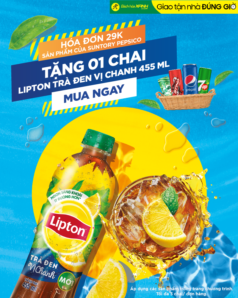 Hóa đơn 29k sản phẩm của Suntory Pepsico được tặng 1 chai Lipton trà đen 455ml