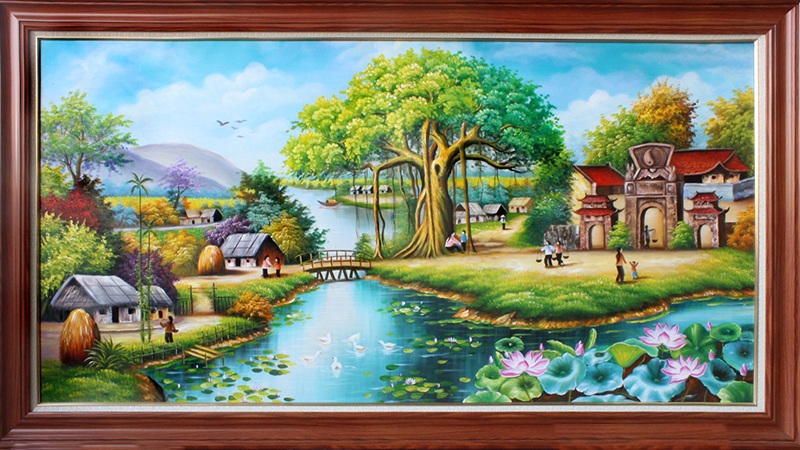 Tranh sơn dầu phong cảnh nông thôn Việt Nam mang đến gia chủ hình ảnh thôn quê yên bình.