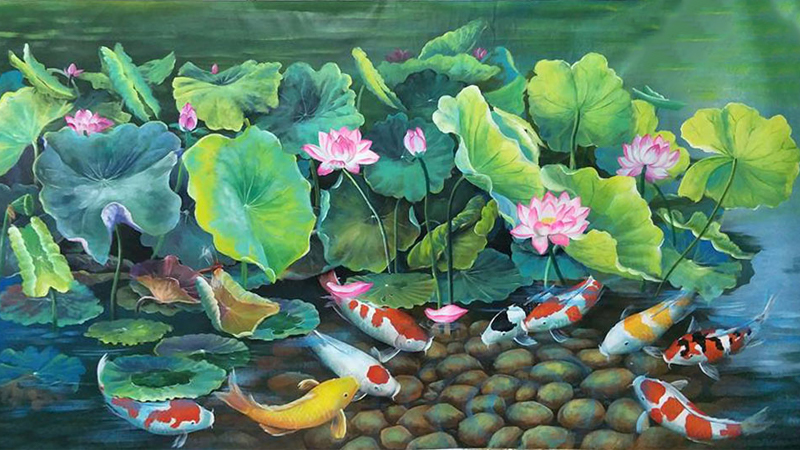 Tranh sơn dầu cá chép hoa sen có hình ảnh 9 chú cá chép quần tụ lại một chỗ.