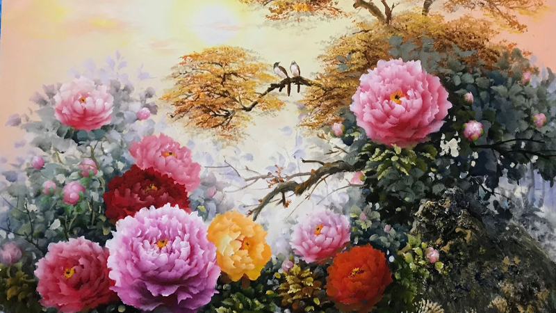 tranh sơn dầu thiếu nữ bên hoa huệ  tranh phong thủy