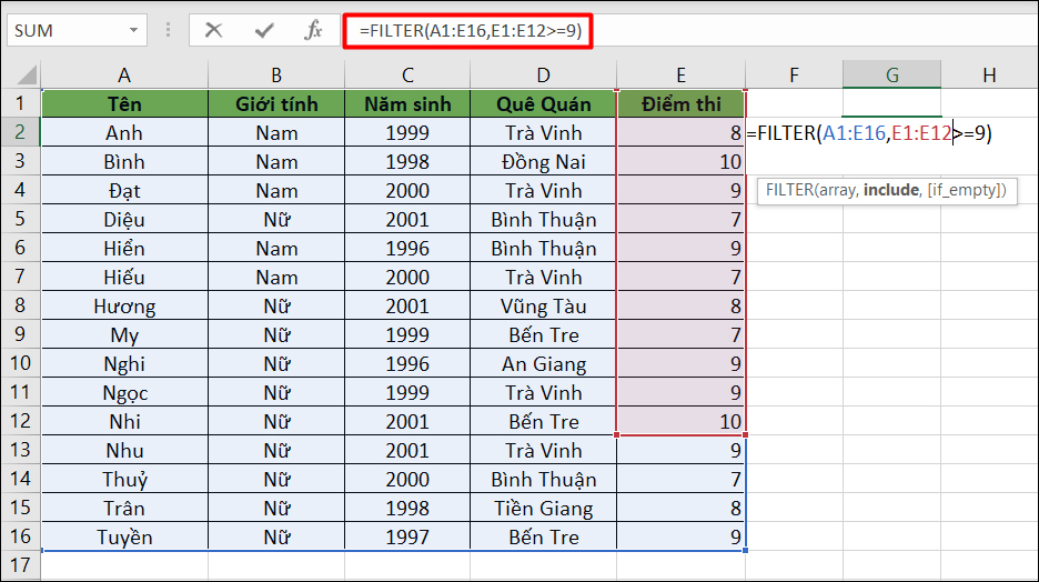 Trường hợp gây lỗi #VALUE! khi sử dụng hàm FILTER