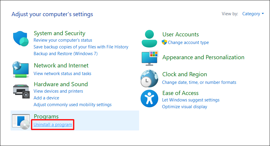 Tại mục Programs, chọn Uninstall a Program