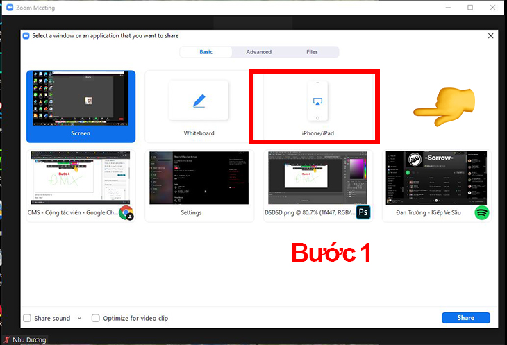Chọn chia sẻ màn hình zoom qua iphone/ipad