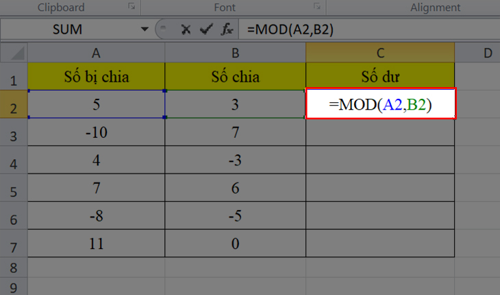 Cách sử dụng hàm MOD trong Excel để chia lấy phần dư