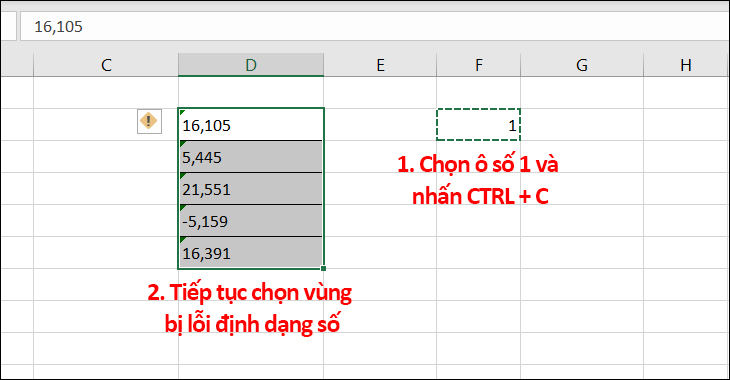 Chọn vùng bị lỗi định dạng số