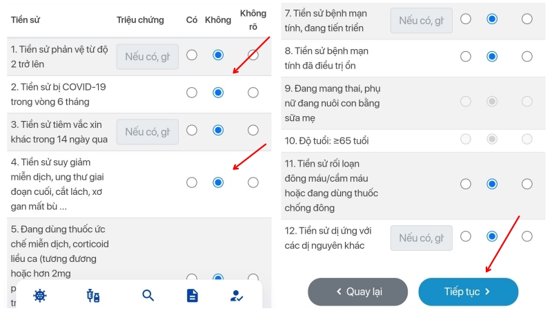 Thực hiện khai báo y tế về tiền sử bệnh của cá nhân và nhấn tiếp tục