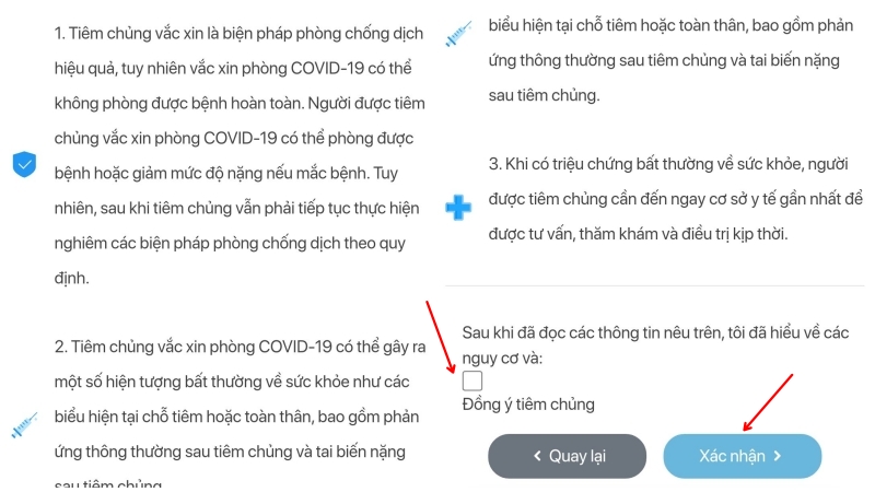 Chọn đồng ý tiêm chủng và nhận xác nhận