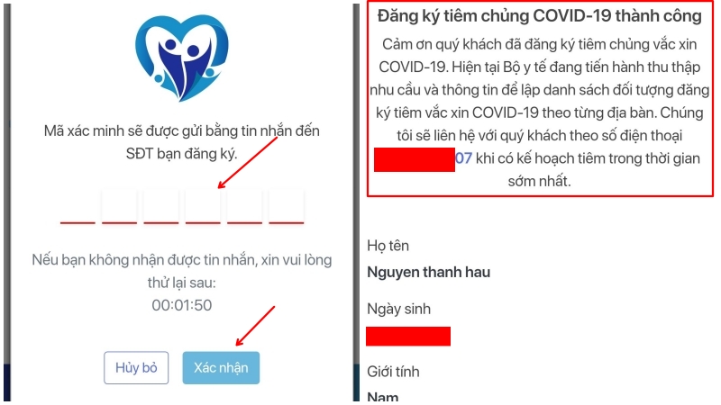 Nhập tin nhắn vào và nhấn xác nhận là đăng ký tiêm vaccine Covid-19 thành công