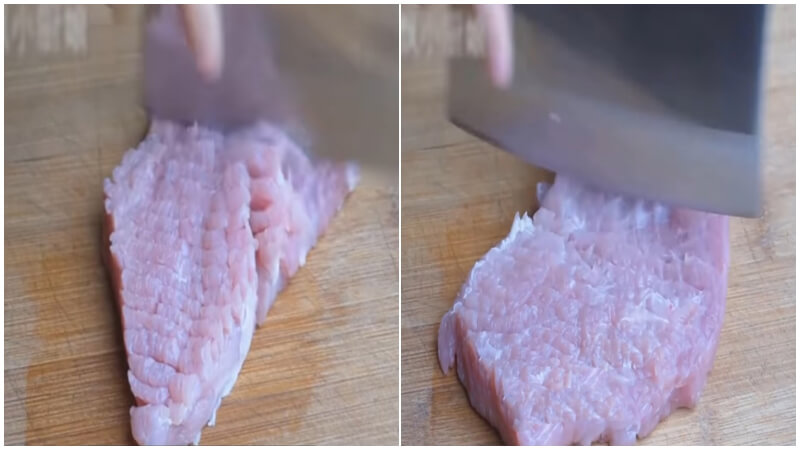 Cut lines on both sides of the meat pieces