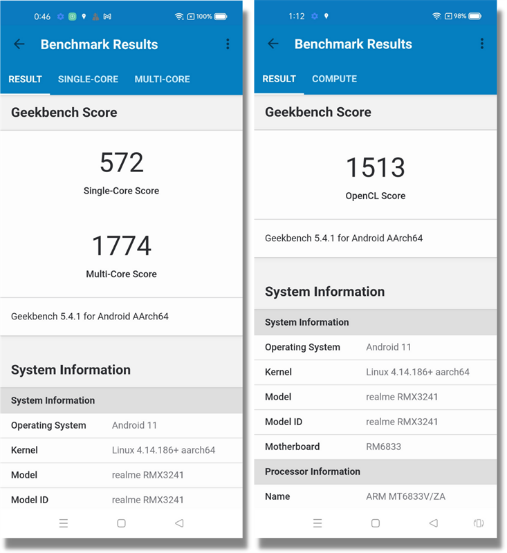 Điểm GeekBench 5 đơn nhân/đa nhân (bên trái) và GPU (bên phải) của Realme 8 5G.
