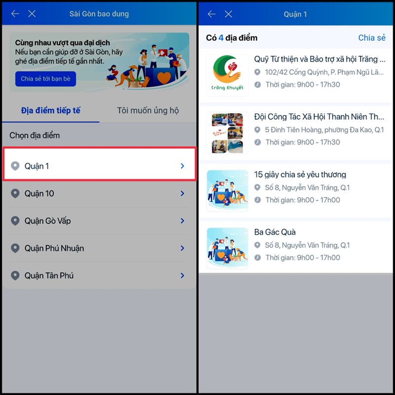 Cách xem địa điểm hỗ trợ người dân của từng quận tại Thành Phố bằng Zalo