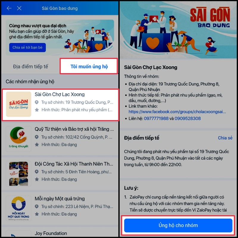Cách xem địa điểm hỗ trợ người dân của từng quận tại Thành Phố bằng Zalo