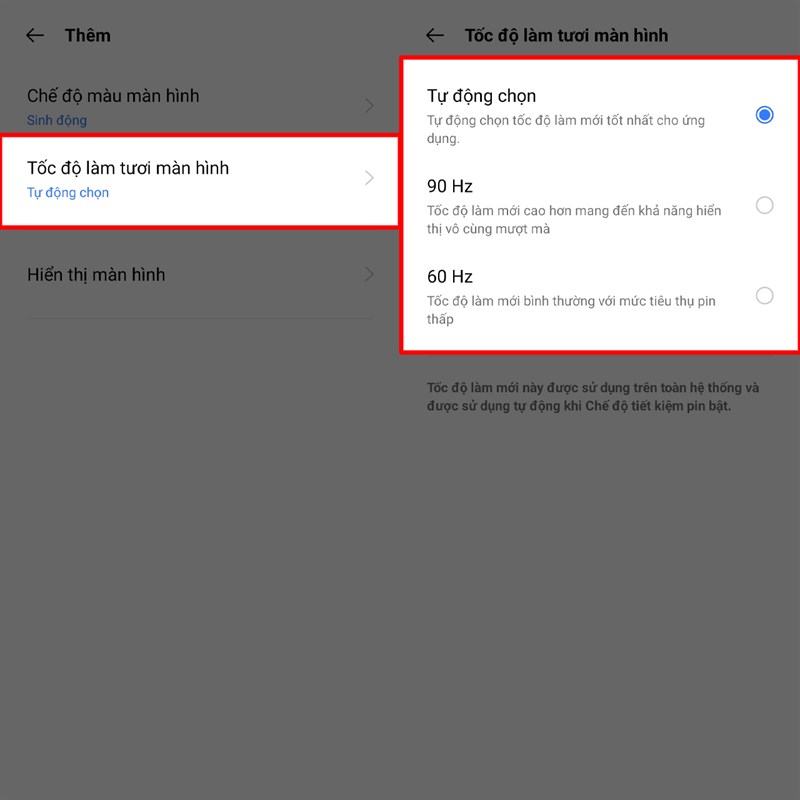 Bật màn hình 90Hz