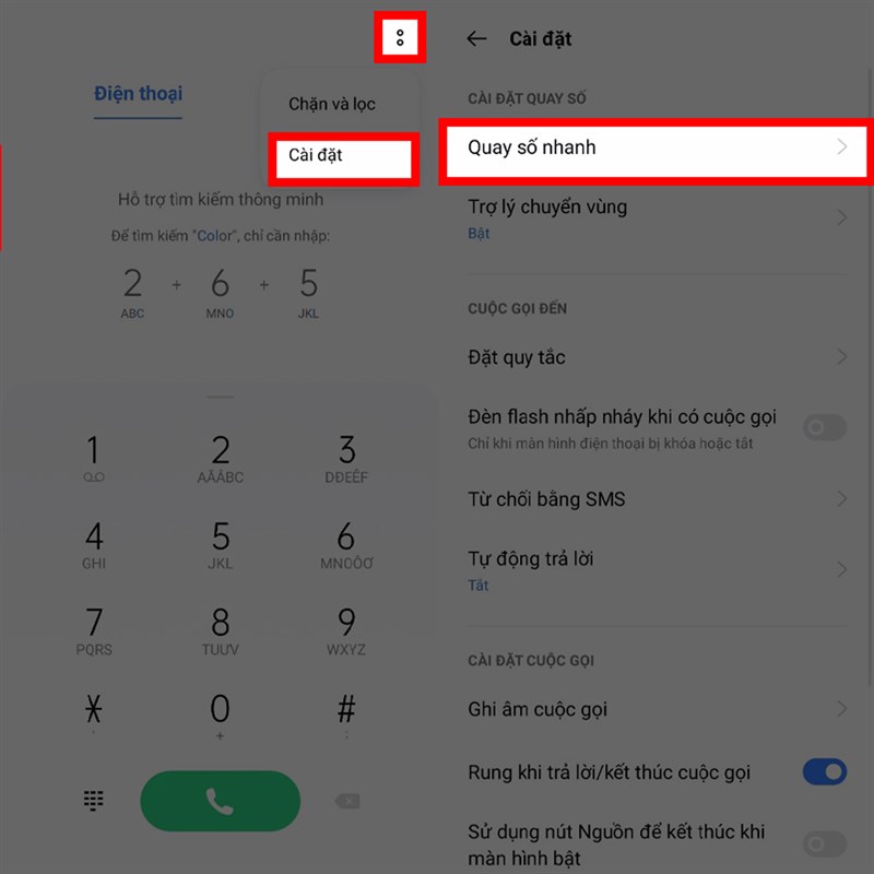 Cài đặt phím tắt cuộc gọi