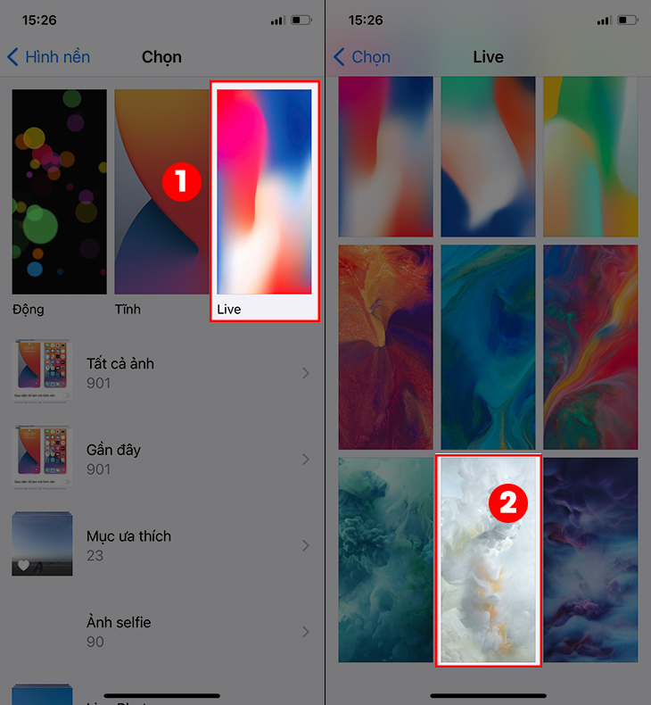 Chạm vào mục Live > Chọn một ảnh Live