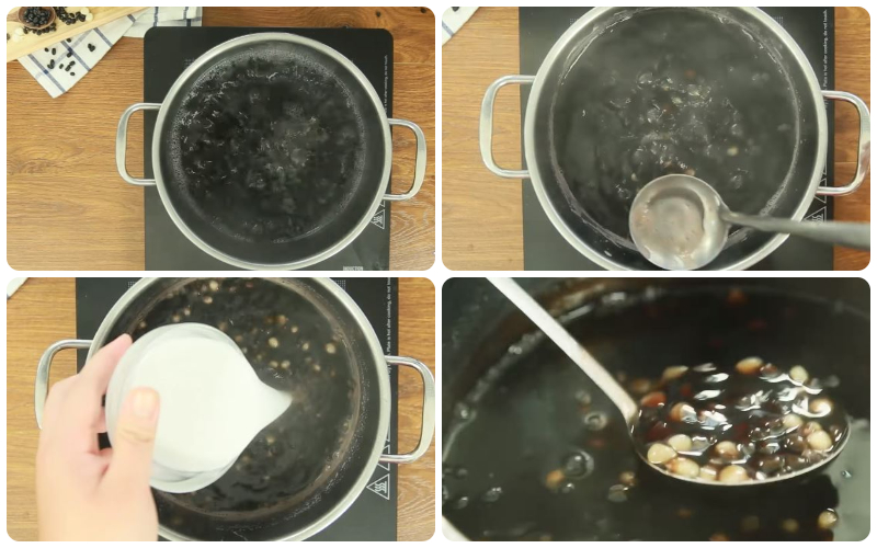 Nấu đậu đen đến khi nước sôi thì cho ngô vào nấu chung, sau đó cho bột năng và nấu khi sánh lại