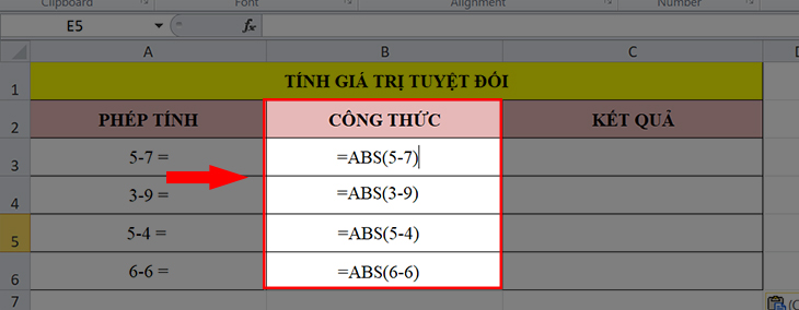 Nhập hàm ABS tính giá trị tuyệt đối của biểu thức