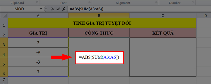 Nhập hàm ABS tính giá trị tuyệt đối của hàm SUM