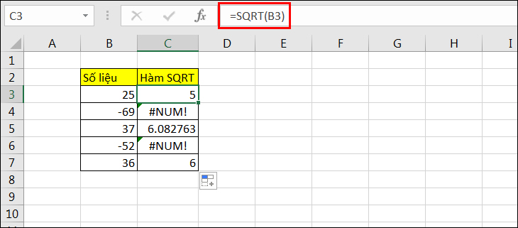 Tham chiếu đến ô dữ liệu khi sử dụng hàm SQRT