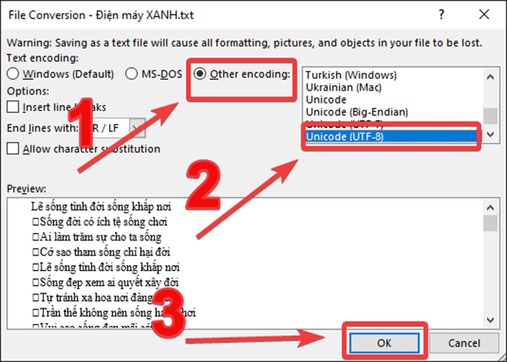 Bạn nhấp chọn Other encoding và chọn Unicode(UTF-8). Sau đó, bạn chọn OK.