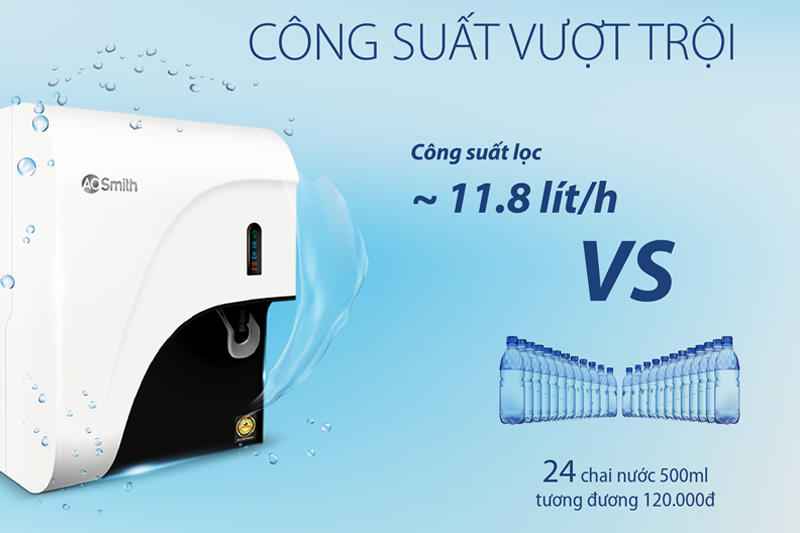 Máy lọc nước RO AOSmith C2 4 lõi có công suất lọc vượt trội lên đến 11.8 lít/giờ, đủ dùng cho nhu cầu sử dụng gia đình hay văn phòng ít người