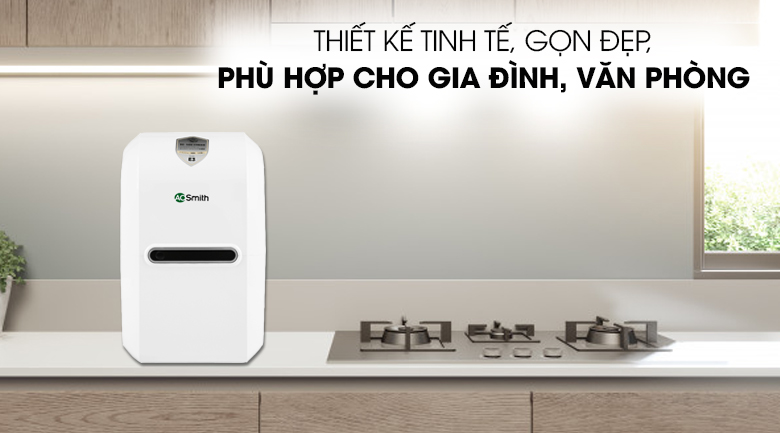 Máy lọc nước RO Aosmith E2 5 lõi có màu trắng tinh tế cùng kết cấu gọn đẹp, phù hợp cho gia đình, văn phòng